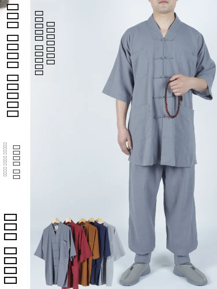summer-cotton-linen-monastic-outfit-short-sleeve-set-men-women-monastery-sweat-absorbent-breathable-loose-fit-casual-wear