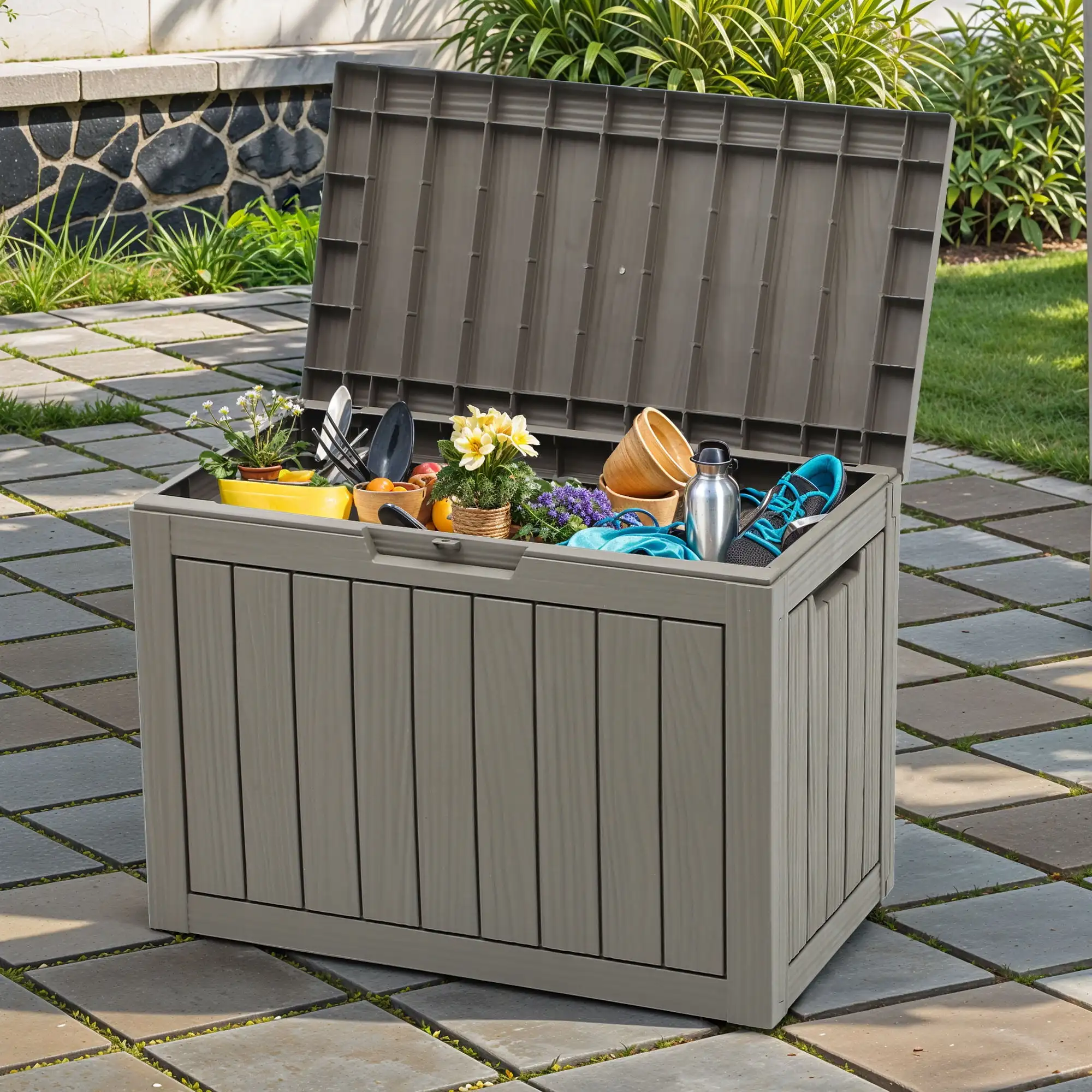 

45 Gallon outdoor storage box waterproof,patio Resin deck boxes ,Lockable pool storage bins furniture,garden toy storage,Brown
