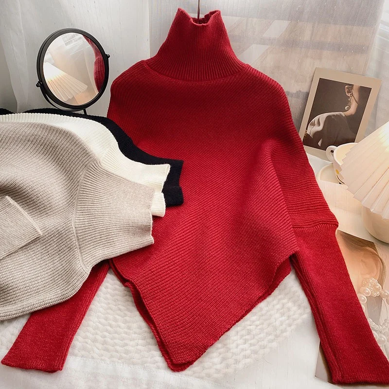 2024 Autumn Winter Women Fashion Irregular Loose Knit Sweater Vintage High Neck Long Sleeve Female Pullovers Chic Tops