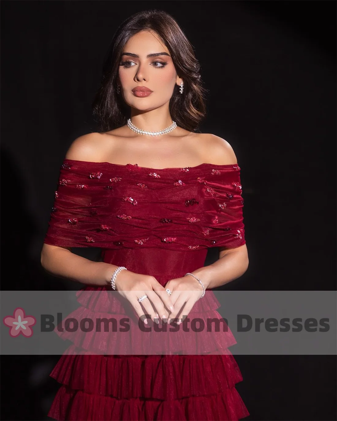 Blooms Customized Burgundy Off Shoulder Sequined Beads Evening Dresses Tiered Tulle Prom Dress Long Formal Occasion Gown