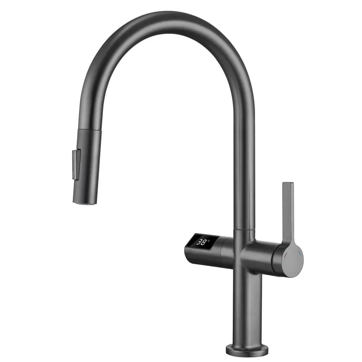 Intelligent Digital Display Pull-Out Kitchen Sink Faucet Modern Gray Brass Faucet Infrared Sensor Switch Ceramic Cold Hot Water