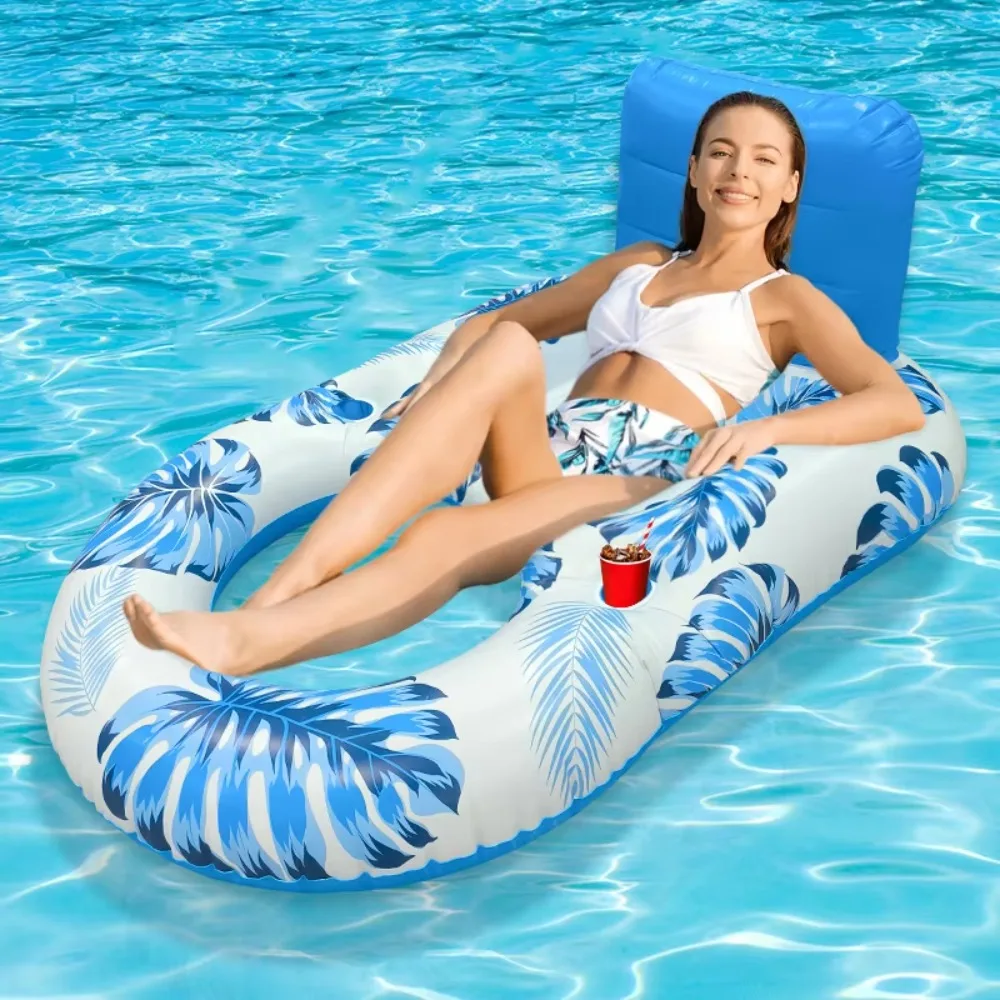 

Inflatable Pool Lounge Chair with Backrest and Cup Holder Mesh Bottom Tropical Print Summer Water Floating Seat Pool Swimming