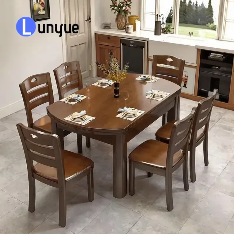 Solid Wood Dining Table and Chair Set Foldable Square Round Dual Purpose Household Restaurant Furniture Space Saving Durable