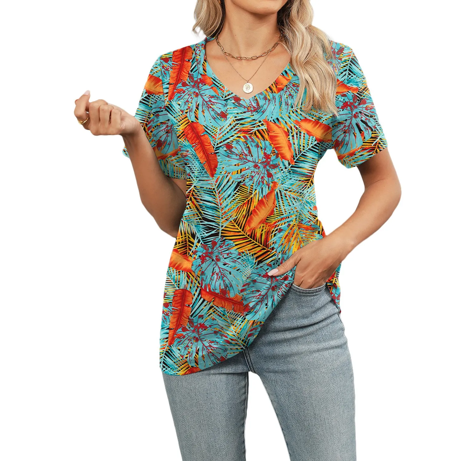 Printed Loose Fit Top Streetwear with American and European Style Pullover Mid Length T Shirt 3D Pattern Short Sleeve for Women