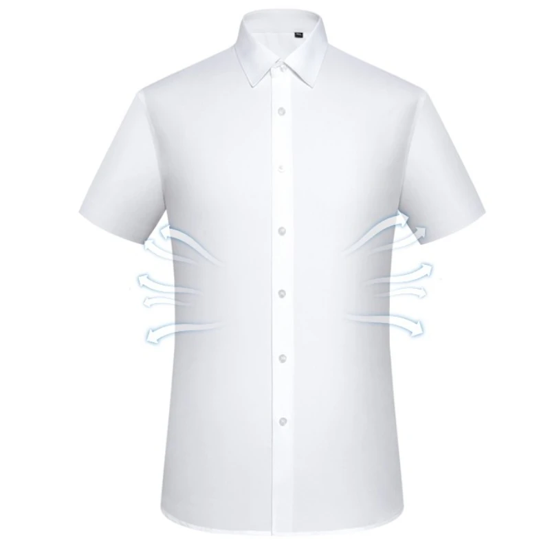 2023 Iron Free Bamboo Fiber Slim Daily Mens Button Up Shirt Short Sleeve  Casual Pure Color Professional White Shirt Wear