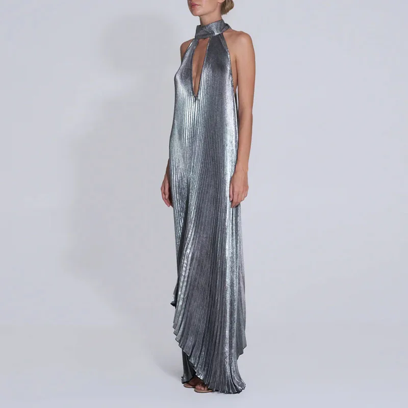 Spring Halter Tie-up Pleated Irregular Dress Woman Sexy Hollow Out Loose Evening Dress Summer Off Shoulder Sleeveless Boho Dress