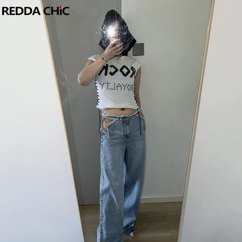 

ReddaChic Star Hollow Baggy Jeans Trendy Causal Straight Sparkle Rhinestone Tall Girl Low Rise Denim Pants ICON Women Streetwear
