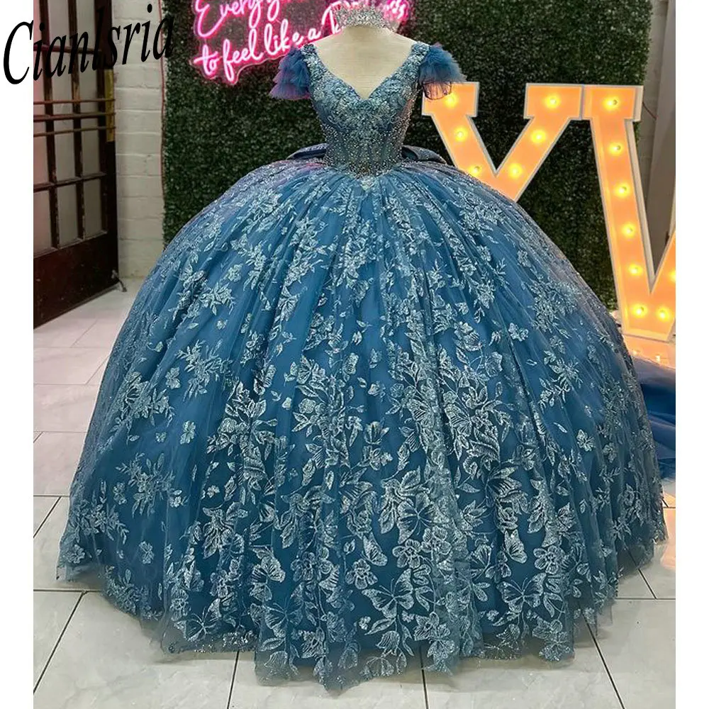 Perle blu Perline Fiocco Abiti stile Quinceanera Abito da ballo Glitter Cristallo Paillettes Corsetto personalizzato Abiti XV Anos