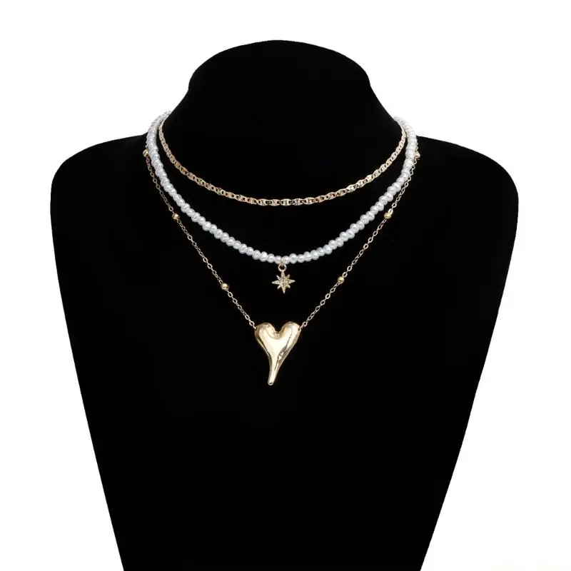 31BF Unique Imitation Pearls Necklace Multi Layer Featuring Heart Gift