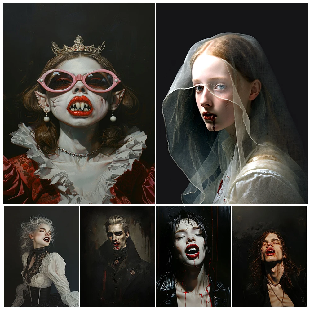 Vampire Queen Moody Gothic Wall Art Canvas Painting,Female Vampire Smile Fangs,Wiccan Art Art Poster Print Home Decor Unframed