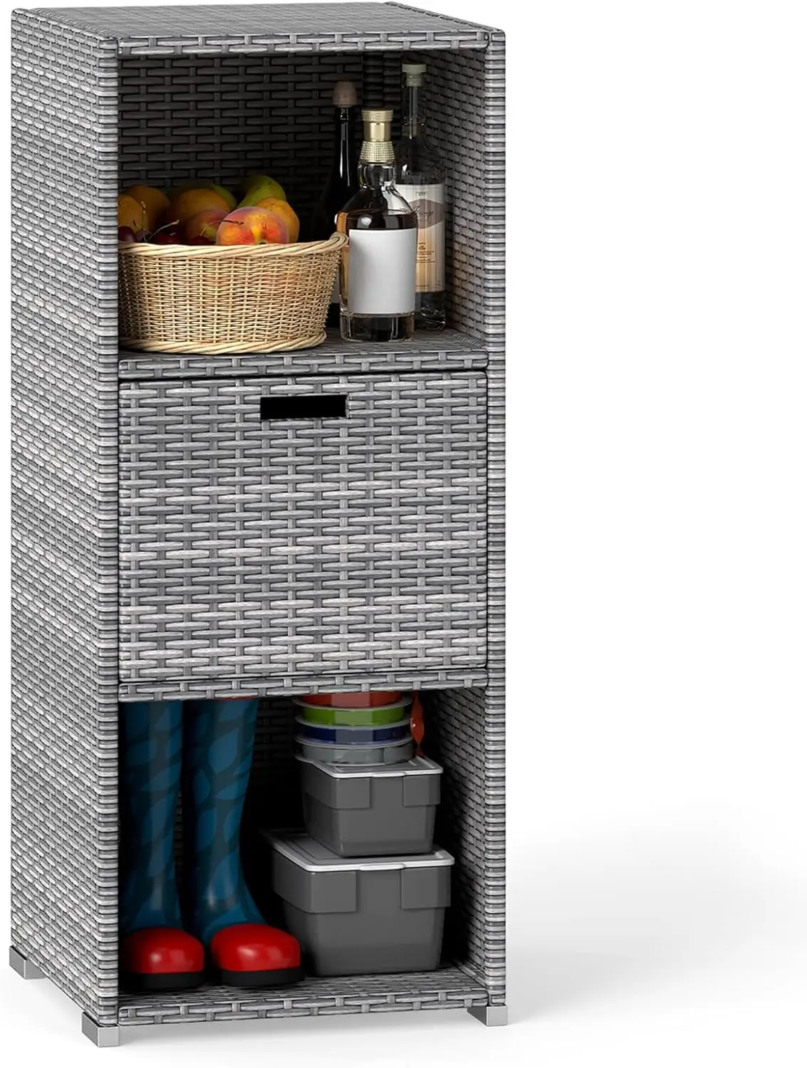 Outdoor Storage Cabinet PE Rattan Wicker Storage Shed Organizer With Shelves Drawer, Patio Porch Garden Backyard Poolside Utility Cabinet, Hand Woven PE Rattan, Mix Grey