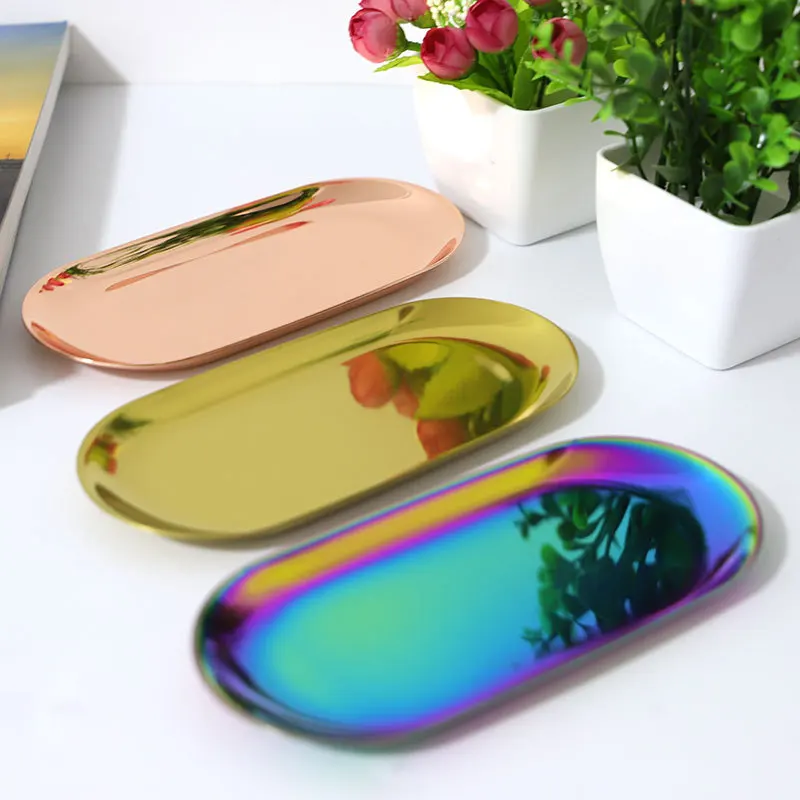 Stainless steel plate disc tabletop metal brass color round storage tray for key jewelry oval Nordic Jewelry storage tray