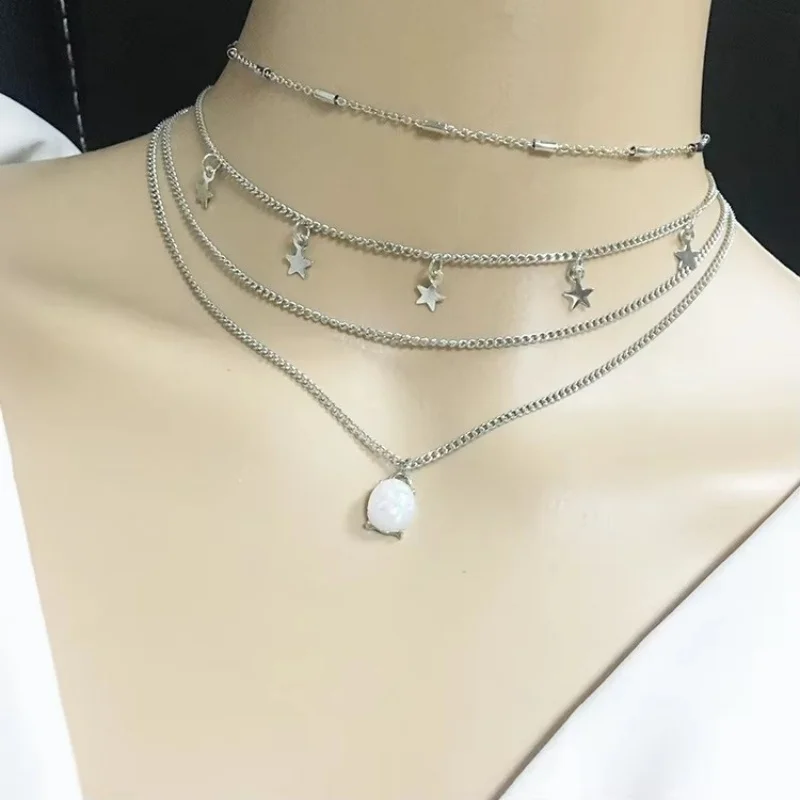 

2025 New Fashion Bohemia Fashion Pentagram Geometric Oval Crystal Pendant Multilayer Women Necklace Manufacturer Wholesale