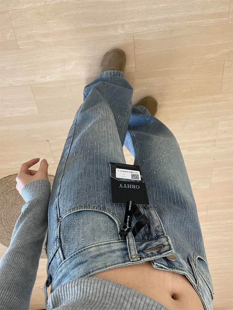 レトロな輝きのダイヤモンドストレートレッグジーンズ レディース 秋の新作 ハイウエストワイドレッグデニムパンツ 女性用通勤パンツ