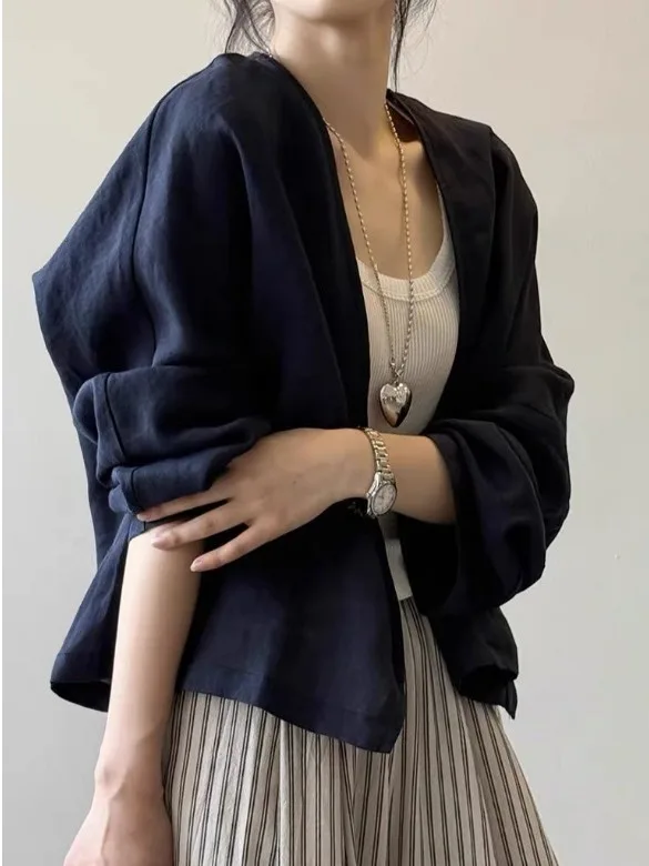 Retro linho branco longo sve irt jaet feminino verão artístico solto fino proteção solar topo v-ne comprimento regular cor