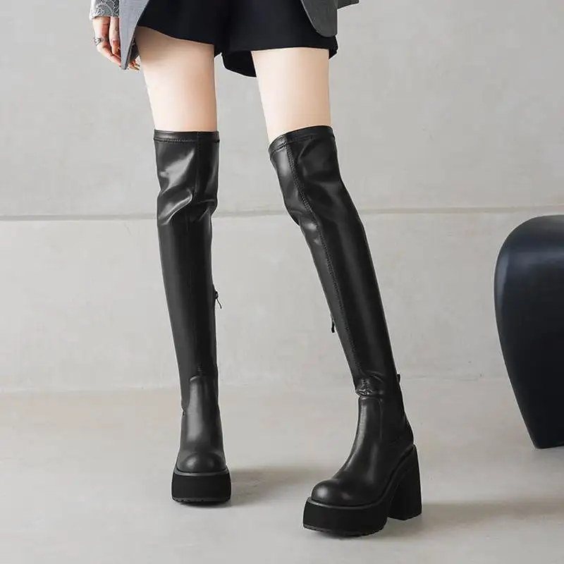 كرازينغ وعاء البقرة انقسام الجلد سميكة عالية الكعب جولة تو تمتد أحذية طويلة أنيقة الحديثة منصة Ins مرونة فوق الركبة الأحذية #3