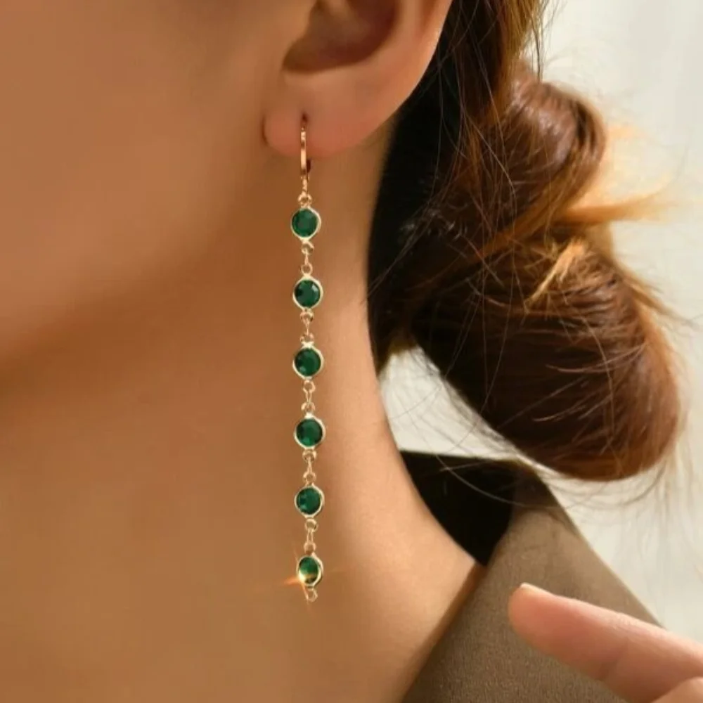 South Korea Colorful Drop Rhinestone Earstring Fashion Temperament Simple Green Round Bead Long Tassel Earrings Women's Jewelry