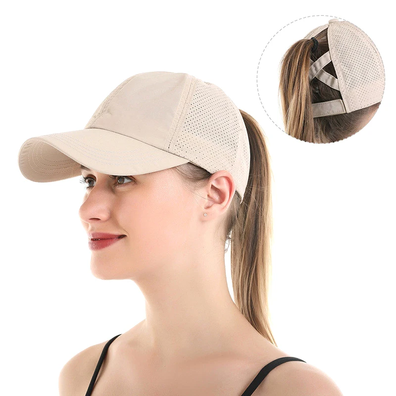 

Summer Solid Color Baseball Caps Golf Wear Women Sport Leisure Cross Ponytail Hat Mesh Quick-Drying Half-Hollow Men's Peaked Cap