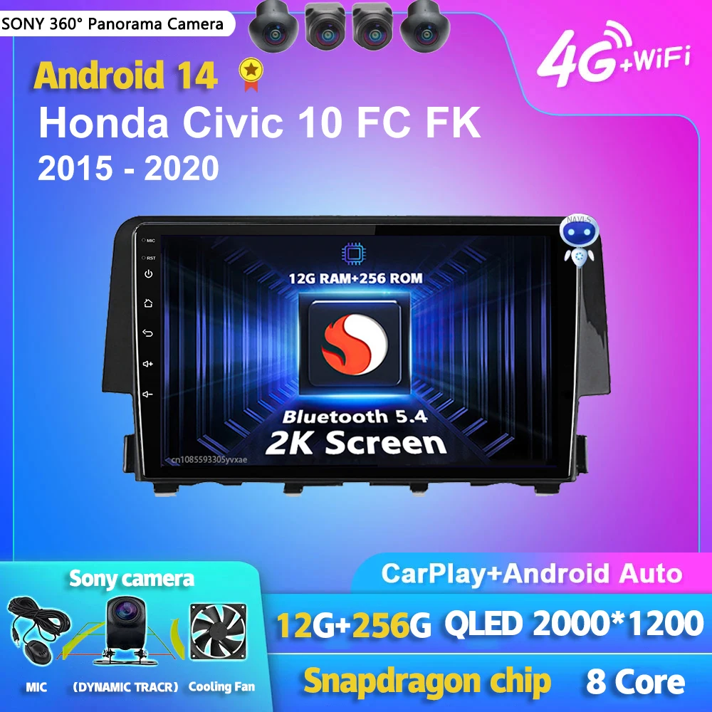 

Android 14 Carplay Auto Car Radio Multimedia Player For Honda Civic 10 FC FK 2015-2020 Audio Autoradio GPS Stereo 2din Head Unit