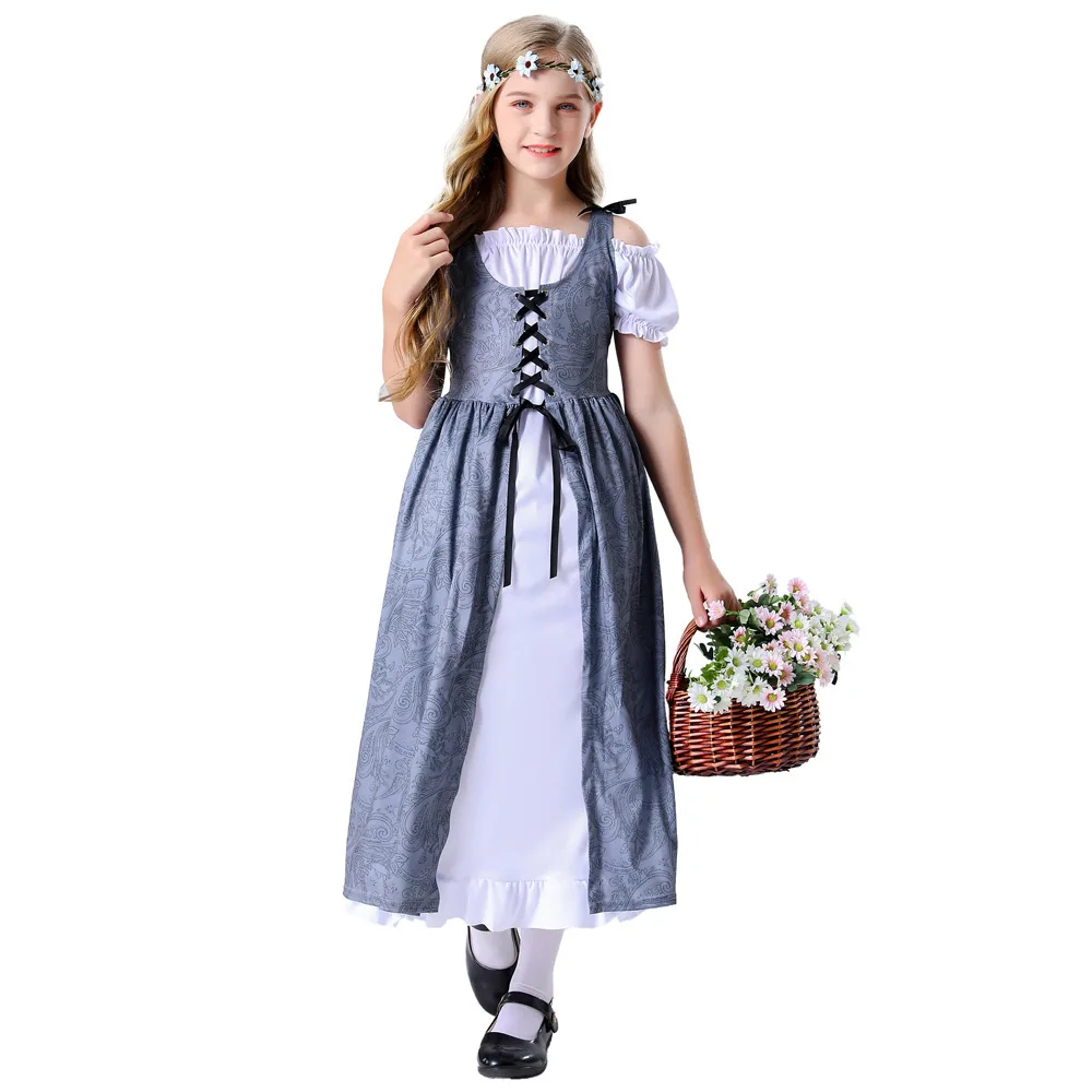 

Children Girls Renaissance Dress Smock Waist Lace-up Vintage Medieval Costumes Pastoral Maid Dress