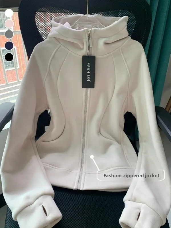 

Women's Fleece Lined Hooded Jacket Thin Design Autumn Winter Sporty Style Thickened Casual Long Sleeve Zipper Closure Sweater