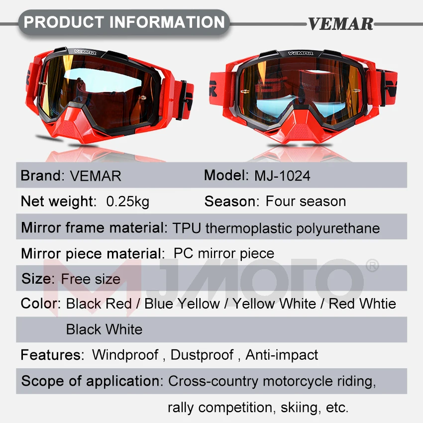 VEMAR Motorcycle Riding HD Glasses Man Windproof Motocross Goggles Anti-impact MTB ATV Skiing Motorbike Off-road Goggles Anti-UV