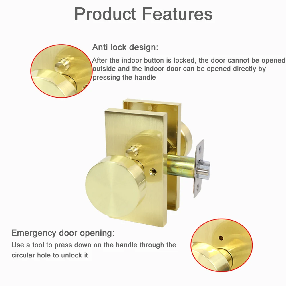 

American Style Zinc Alloy Bathroom Lock No Key Three Poles Privacy Room Lock Equipped with Emergency Lock Hole Door Lock