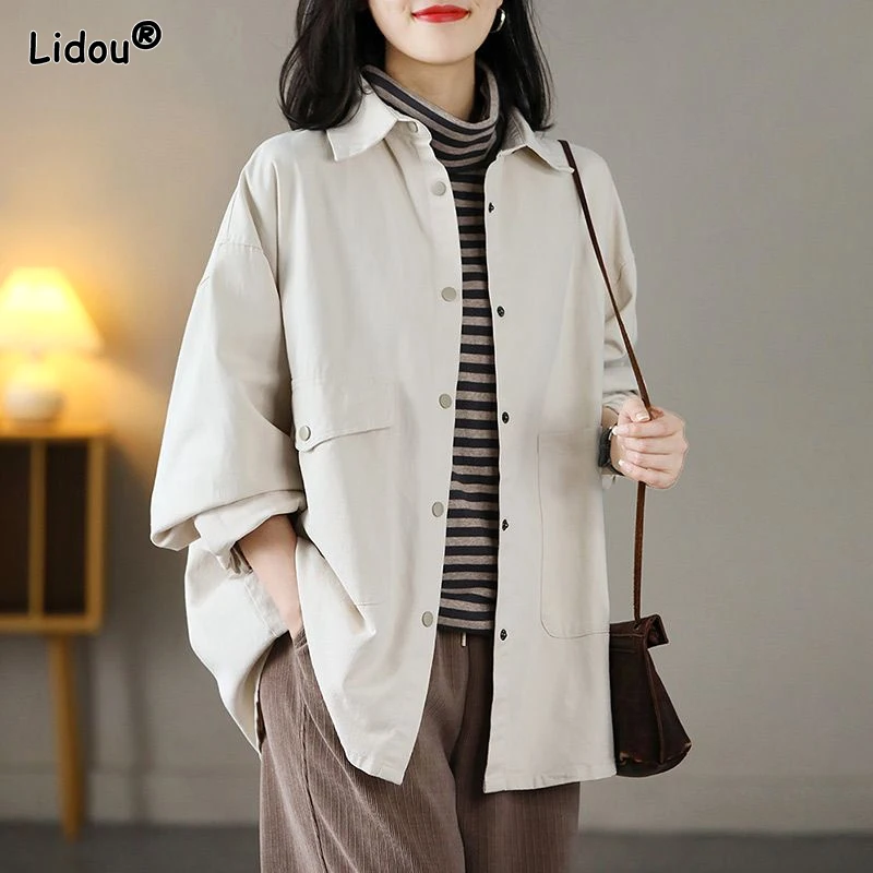 2023 New Spring and Autumn Leisure Sports Simple Solid Color Lapel Panel Pocket Loose Oversized Small European Shirt Coat