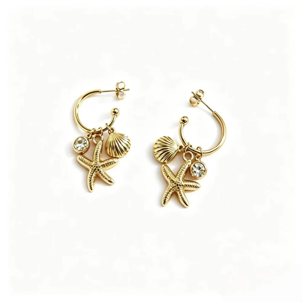Waterproof Stainless Steel Starfish Shell Crystal Charms C Hoop Earrings Ocean Beach Dangle Earring for Women Vacation Jewelry
