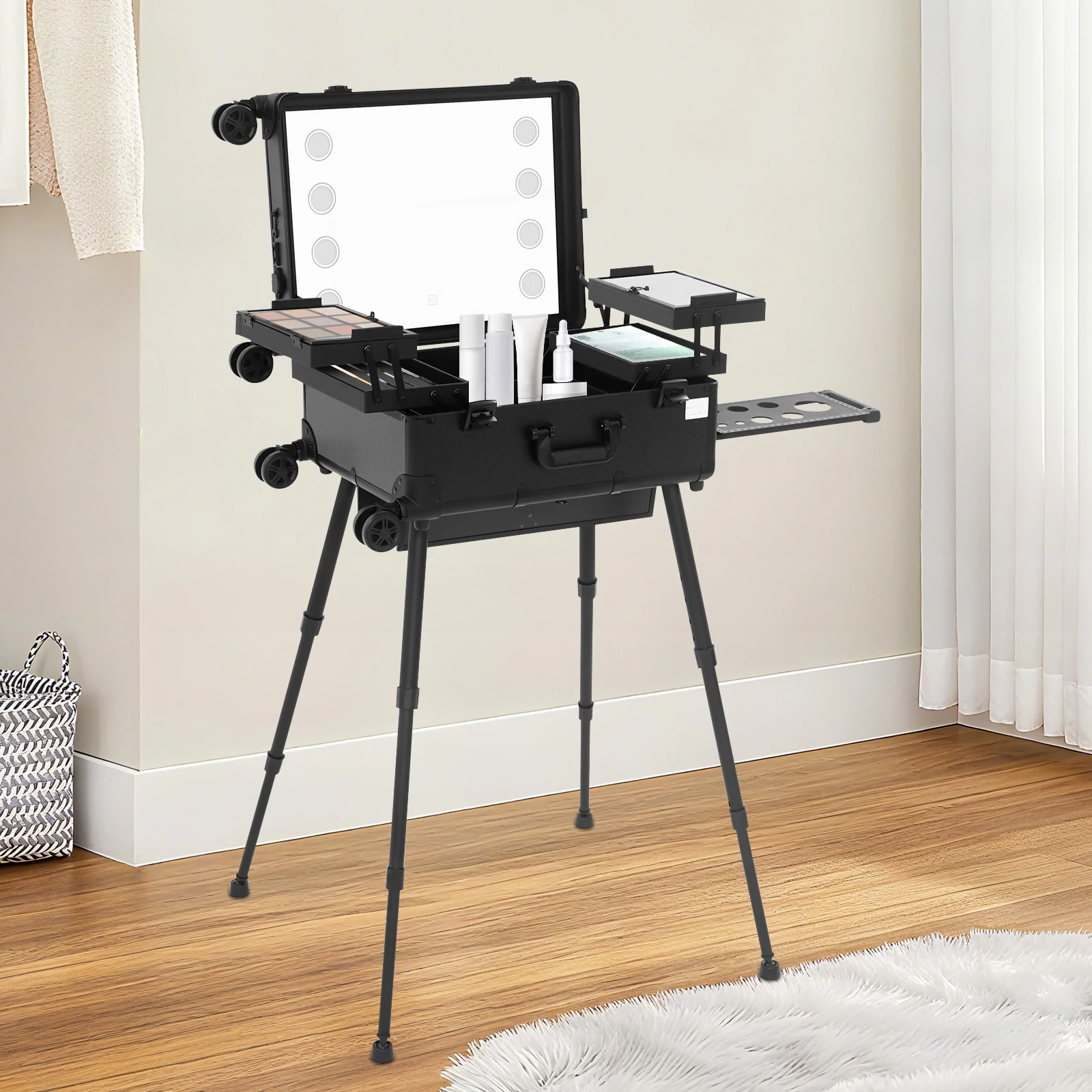 Professioneller Make-up-Koffer 3-stöckig 50kg Kapazität 8 LED-Lichter 3-stufig dimmbar Salon-Rollkoffer für Make-up-Künstler Friseur Nageltechniker Schönheit Rosa/Schwarz – Detail 33