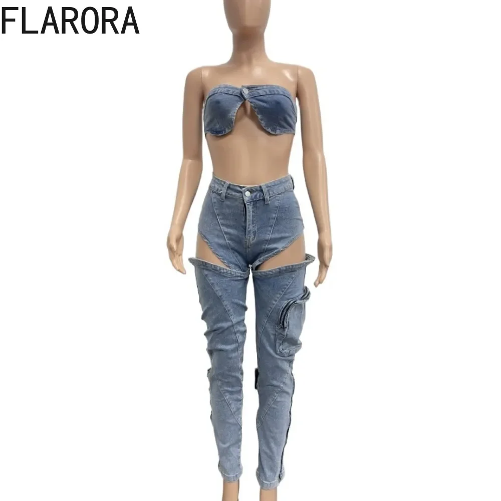 FLARORA Fashion Denim Zipper Hollow Women\'s Two Pieces Set Woman Strapless Bra Crop Top And Jeans Pants Outfits Y2k Streetwear