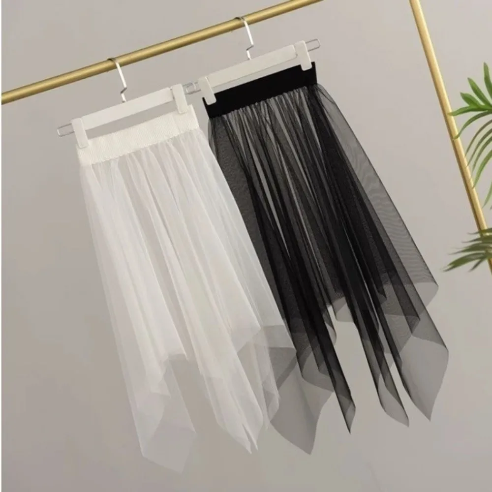 Elegant Transparent Lace Mesh Skirt Black White Irregular Tulle Skirt Long Cover Up Skirt Girl