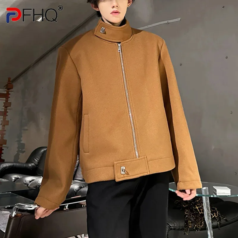 PFHQ Woolen Short Deconstruction Men's Niche Jacket Shoulder Padded Windbreaker Trend Loose Solid Color Tops 21AZ3666