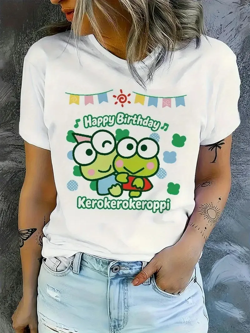 تي شيرت قطني مع جرافيك سانريو كيروبي للاحتفال بعيد الميلاد كيروبي الضفادع والأعلام نمط تصميم ممتع احتفالي من القطن الخالص #2
