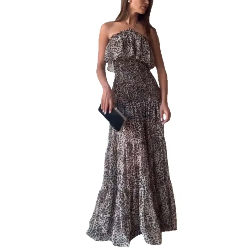 Nuevo vestido de mujer europea y americana, vestido largo sin mangas con cuello sexy y estampado de leopardo de verano