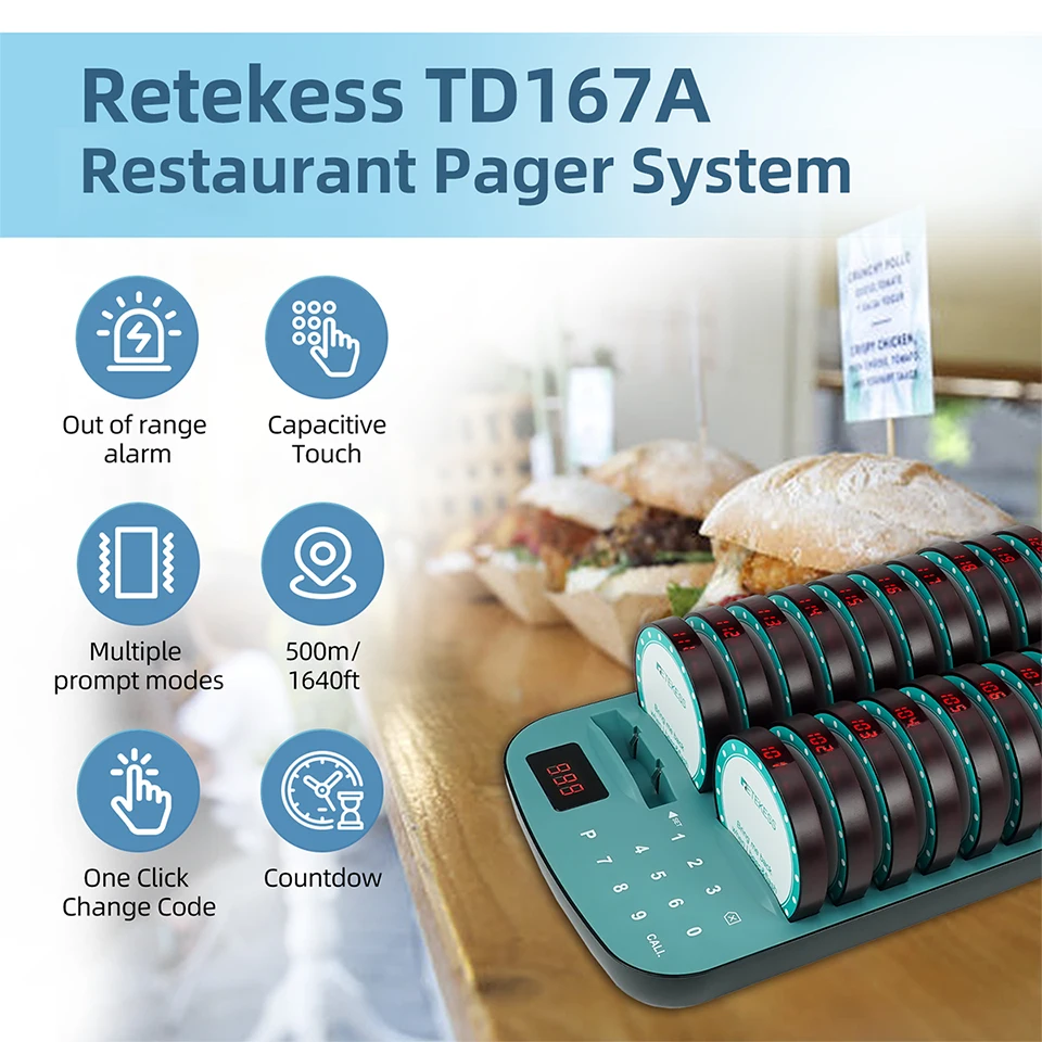 Retekess TD167A Restaurant Pager Wireless Calling System Vibrator Coaster Buzzer Call Bell For Food Truck Coffee Bar Hotel Club