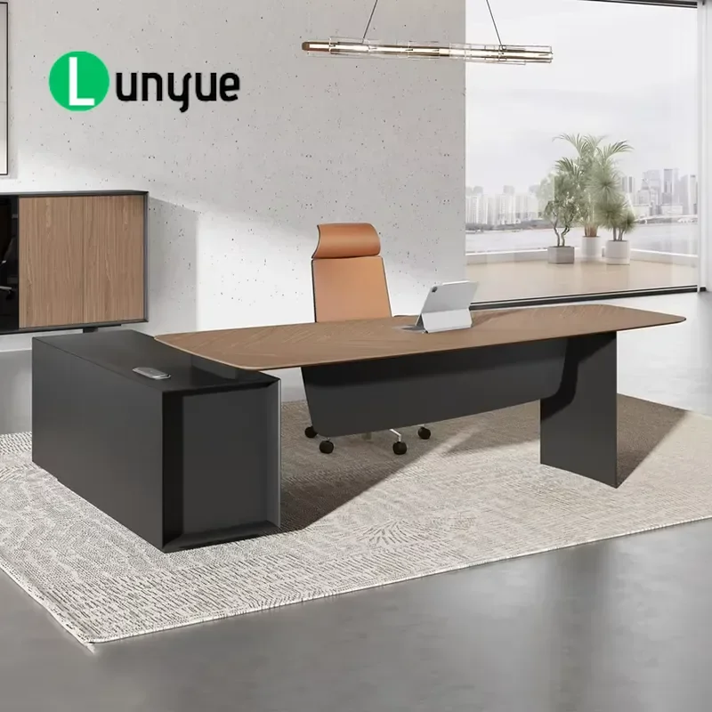 Modern L Shaped Executive Office Desk with Side Cabinets High Quality Wood Grain Surface Heavy Duty Metal Base Waterproof