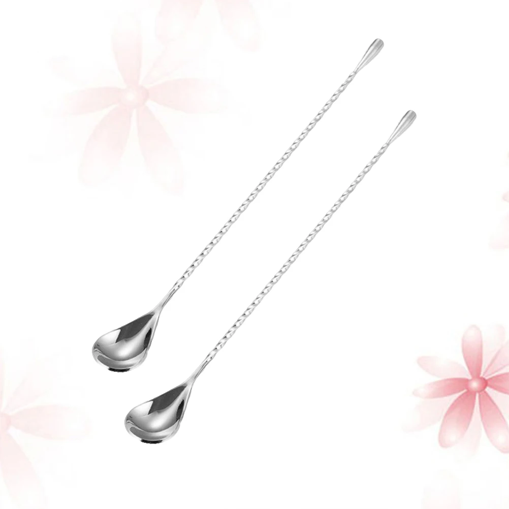 

2pcs Stainless Steel Mixing Spoons Long Handle Stirring Spoons Bar Cocktail Spoon Heat Resistant Reusable Eco Friendly