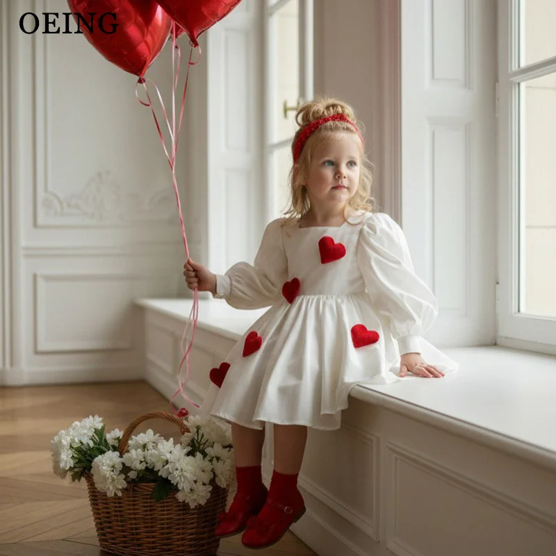 

Милые платья для девочек OEING в форме буквы А с цветочным узором, платье принцессы длиной до колена с красными сердечками, платье принцессы с длинными рукавами для дня рождения, на заказ