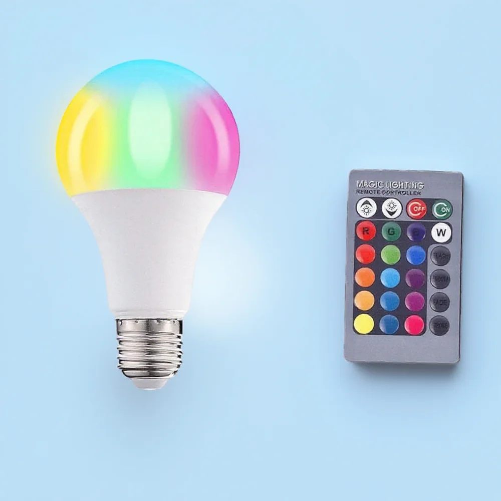 

E27 RGB светодиодная лампа, меняющая цвет, 16 цветов, пульт дистанционного управления, энергосберегающее освещение, 3 Вт, 5 Вт, 10 Вт, 15 Вт, домашний декор
