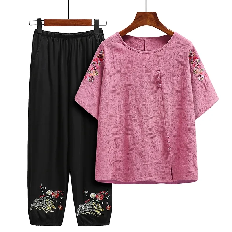 Middle-Aged Elderly Women's Suits Summer Embroidered Cotton Linen T-Shirt Tops+Elastic Waist Pants 2 Pieces Sets Grandma Outfit