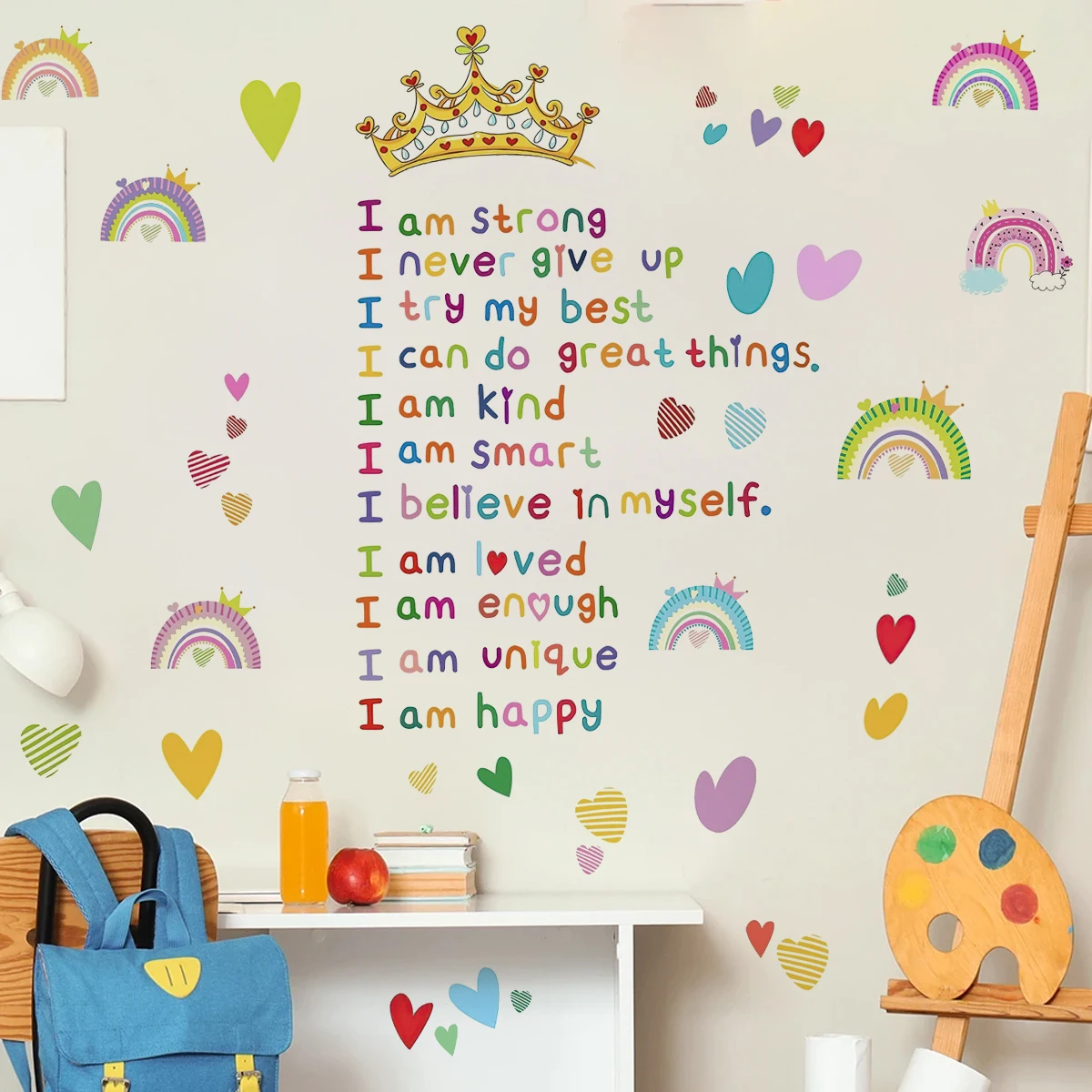 

Cartoon I am... Crown Rainbow Heart Encourage Wall Sticker Child Room Vinyl Wall Art Decal Kids Room Bedroom Living Home