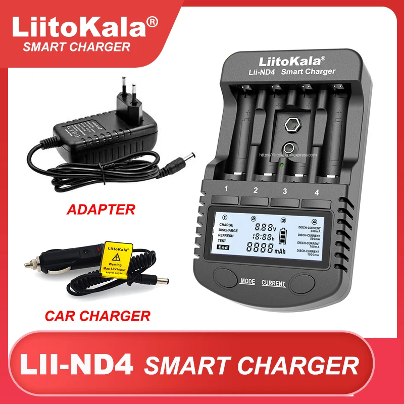 LiitoKala Lii-ND4 NiMH/Cd charger aa aaa charger LCD Display and Test battery capacity For 1.2V aa aaa and 9V batteries.