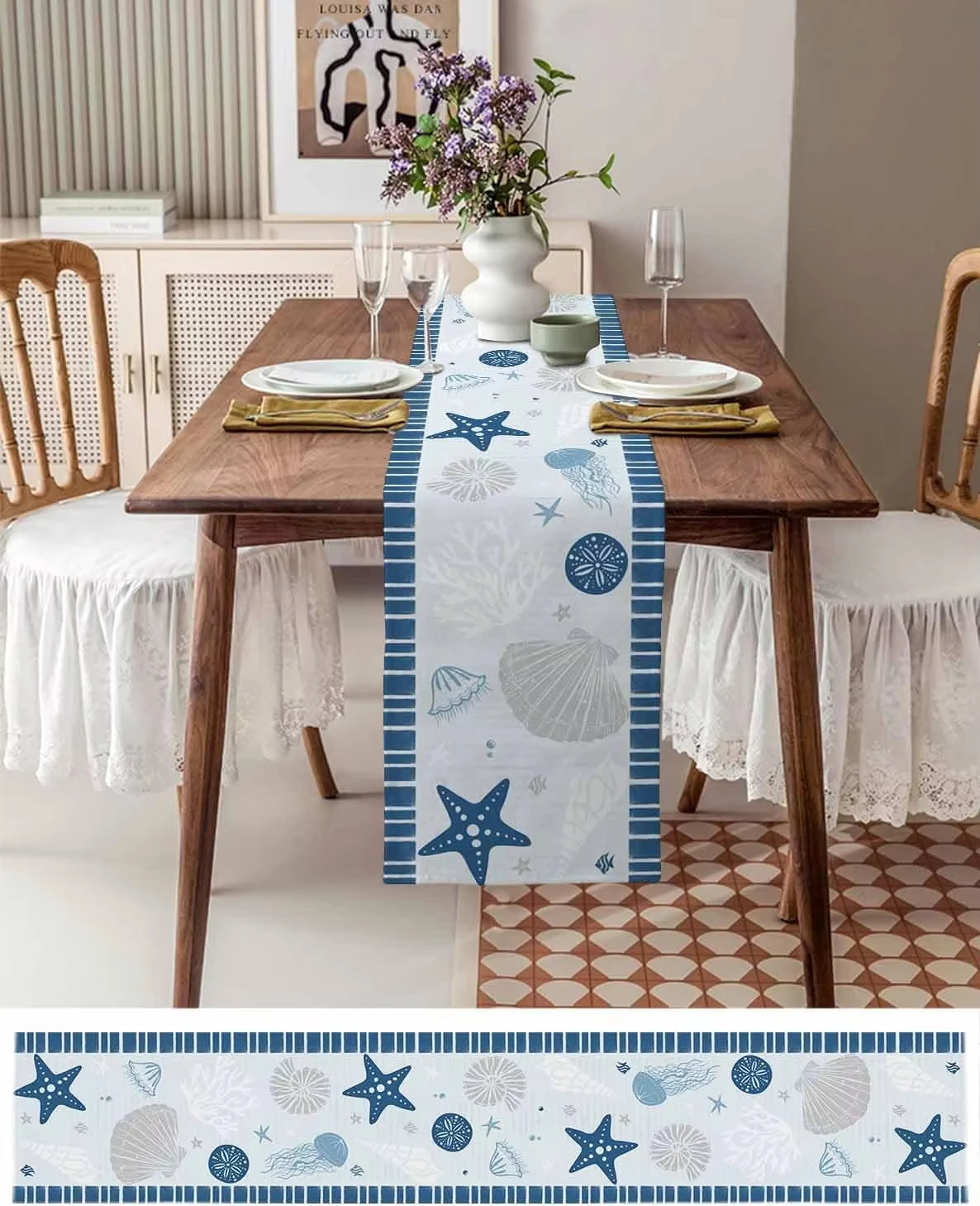 مفرش طاولة بلو أوشن مع مرجان قنديل البحر على شكل صدف نجم البحر، ديكور حفلات العطلات لطاولة طعام المطبخ #5