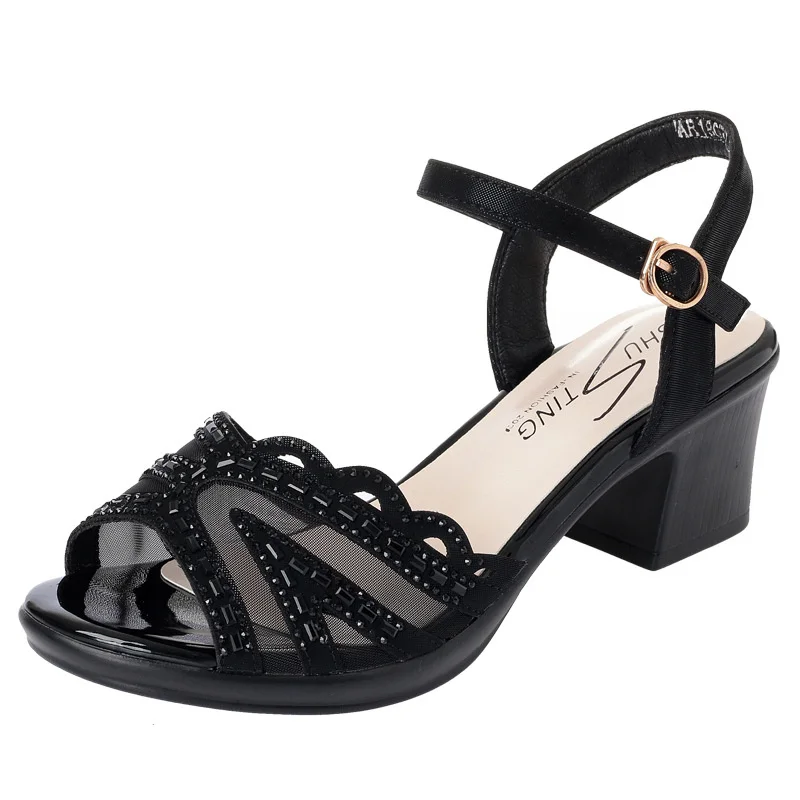2024 Summer Open Toe Women Thick Heel Shoes Mesh Rhinestone Black Party Fashion Buckle Fish Mouth Elegant Bling Sandals