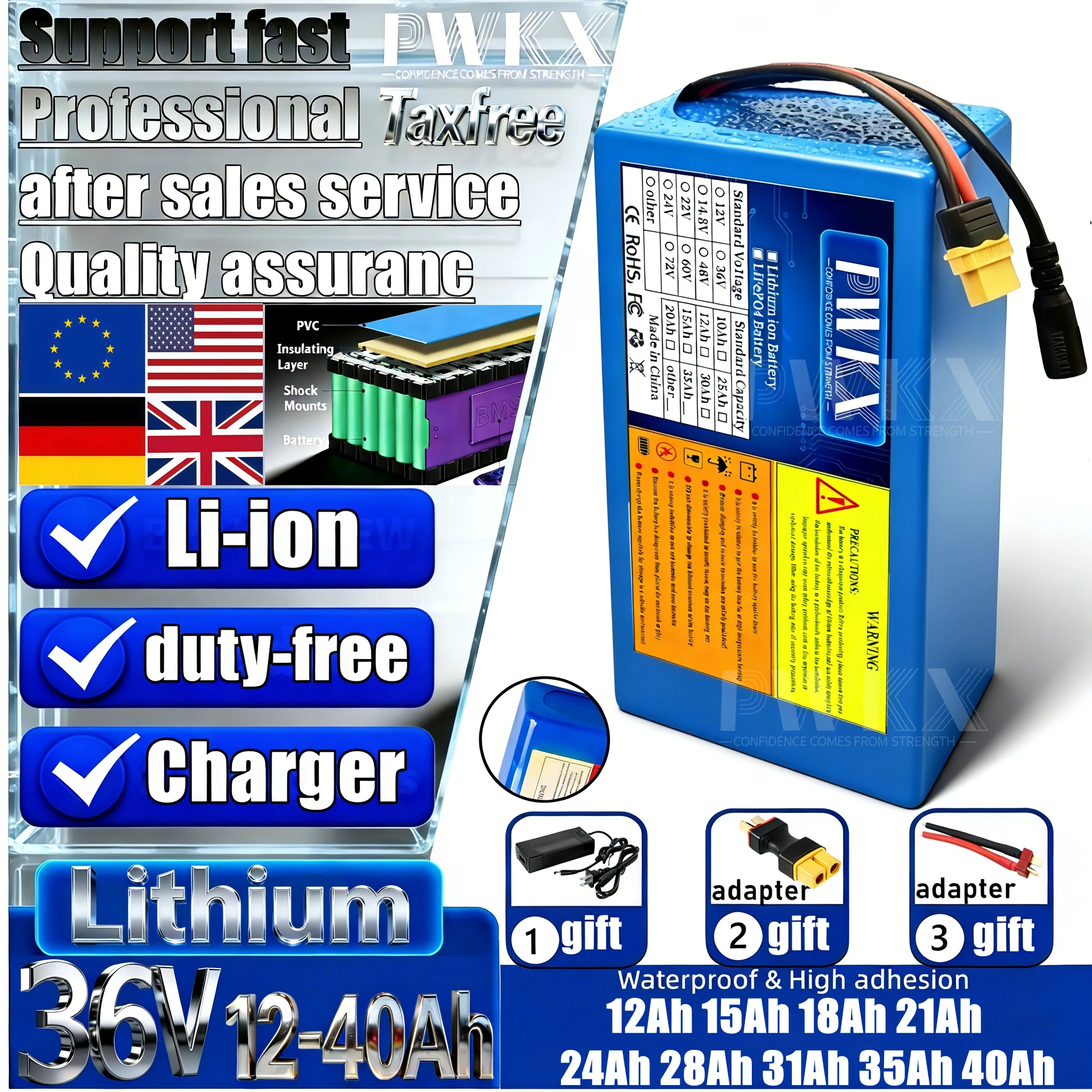 

New 36V 12Ah 15Ah 18Ah 21Ah 28Ah 30Ah 35Ah 40Ah 18650 Lithium battery pack Built in BMS For E-scooter tools camping+42V Charger