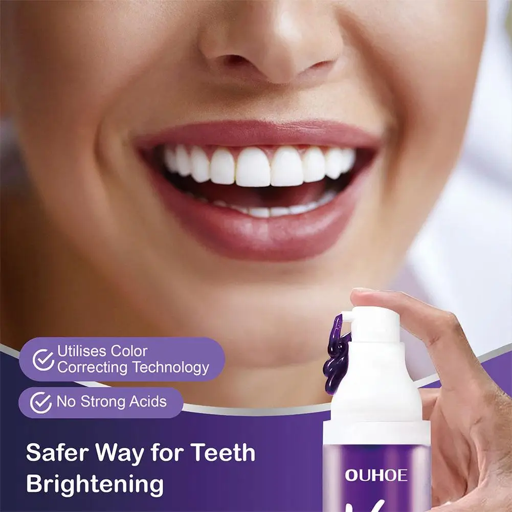 Creme dental roxo para cuidados bucais, mousse de limpeza, remove manchas amarelas, fumaça da respiração, remoção dental, dente sem dente, 30ml