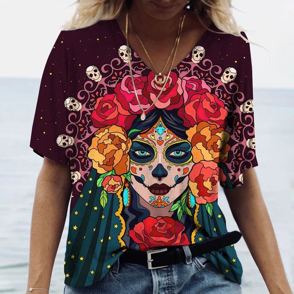 

Fashion Woman Blouses 2024 T-shirt Women's 3d Clown Print Color Skull V-neck T Shirt Female Clothing Oversized Summer Tops Tees