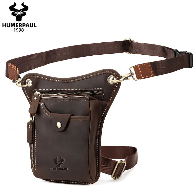 HUMERPAUL Genuine Leather Thigh Leg Bag Multi Functional Pockets Shoulder Bag Men's Hip Bag for Motorcycle, Travel&Outdoor