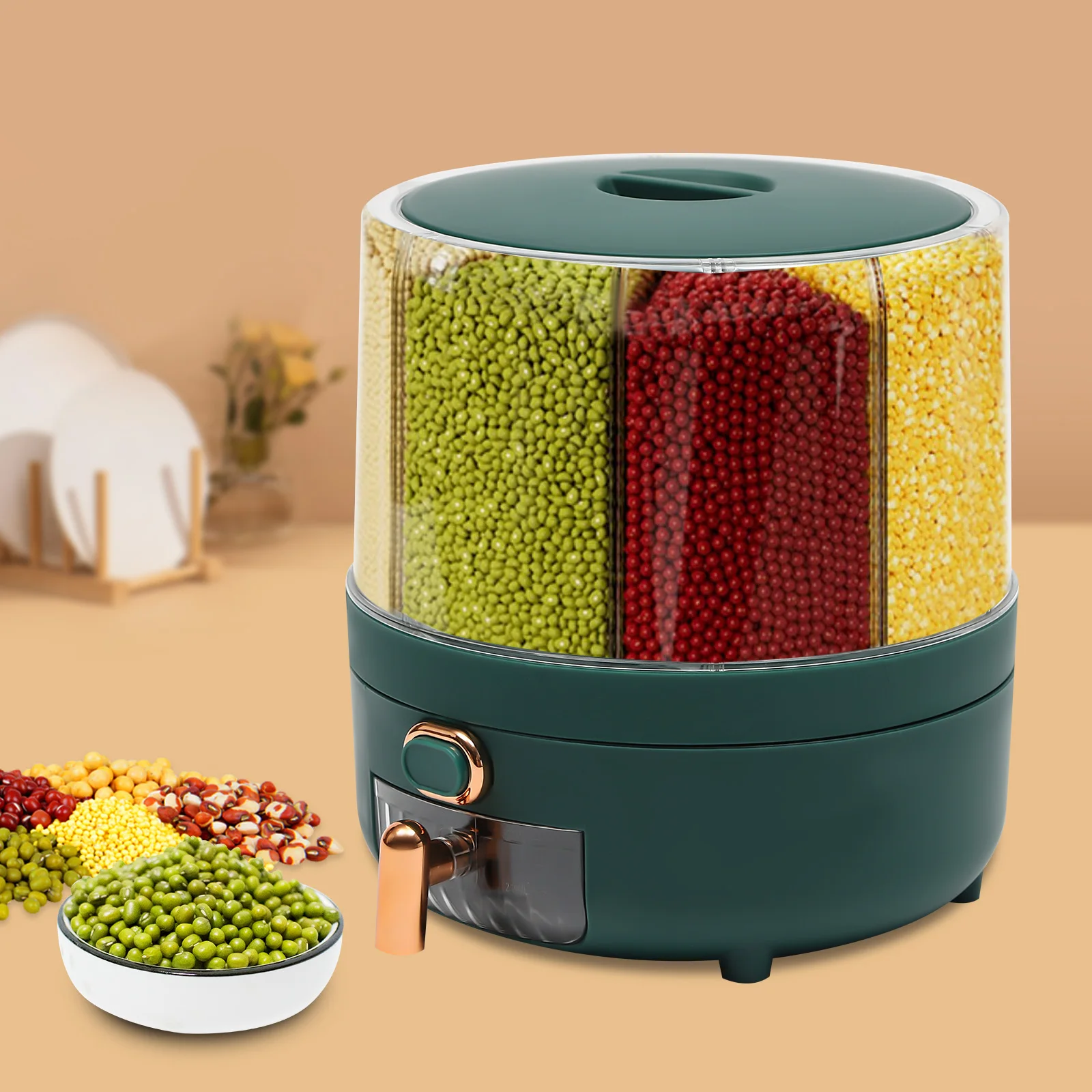 Grain Storage Container Tank 6-Grid Rice Dispenser Rotating with Lid Fit Kitchen